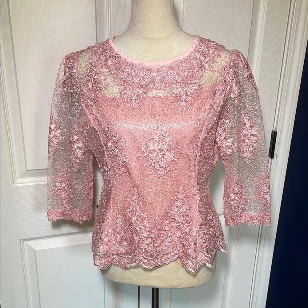 Vintage Handmade Pink Lace Semi-sheer Formal Blouse Size Medium